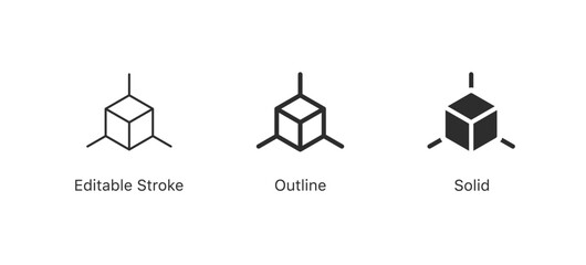 Fototapete - Set of cube icons representing 3D geometry, structure, architecture, technology, or design projects. Ideal for tech, data, modeling. in editable stroke, outline, and solid styles