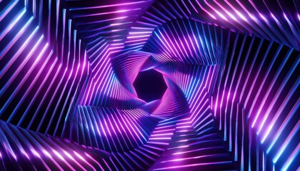 Poster - vibrant neon spiral tunnel of glowing fiber strands in purple and cyan tones on black background, perfect for tech branding, web design, futuristic concept art or motion graphic

