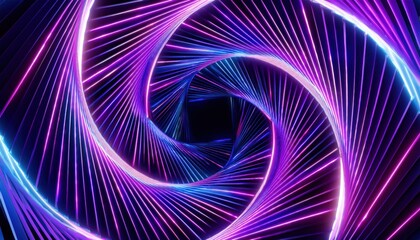 Poster - vibrant neon spiral tunnel of glowing fiber strands in purple and cyan tones on black background, perfect for tech branding, web design, futuristic concept art or motion graphic

