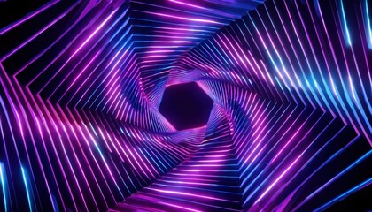 Poster - vibrant neon spiral tunnel of glowing fiber strands in purple and cyan tones on black background, perfect for tech branding, web design, futuristic concept art or motion graphic

