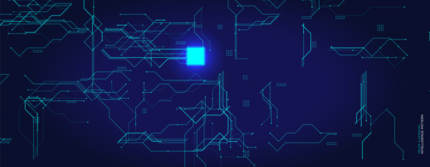 Aufkleber - Technology Chip Circuit With Glowing Processor. Bright microchip element on futuristic digital background. Ideal for themes of AI, innovation, computing. Vector illustration