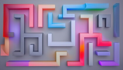 Leinwandbilder - colorful abstract maze pattern with 3d geometric blocks in neon pink blue and orange tones on light background for web design, print template, branding asset or modern digital wallpaper

