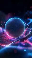 Leinwandbilder - A glowing sphere hovering above a wavy surface with pink and blue particles in a dark environment