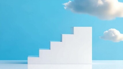Poster - Steps to Success: White steps ascending towards fluffy clouds against a light blue sky.  A conceptual image representing growth, progress, and reaching goals.