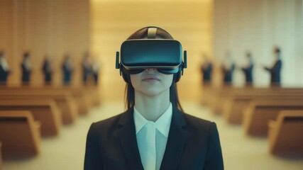 Poster - A woman wearing a VR headset in a courtroom setting, possibly for evidence or testimony