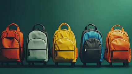 Poster - A collection of colorful backpacks displayed neatly on a green surface