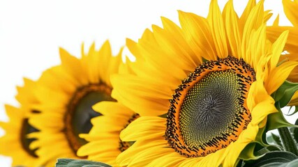 Poster - A close-up view of bright yellow sunflowers with green leaves and stems