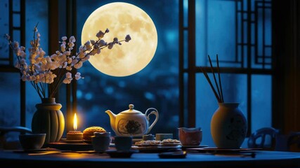 Poster - A table set with a tea pot, tea cups and a vase of flowers