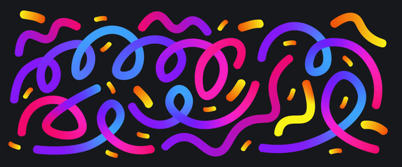 Colorful neon gradient loop and squiggle lines set. Wavy abstract long shapes collection. Decorative vector swirls background pattern. Carnival gradations strokes. Creative confetti figures.