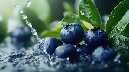 Poster - Fresh blueberries submerged in water, with splashes and ripples