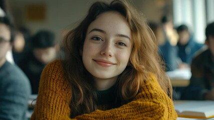 Poster - A woman sits at a table surrounded by people, a social gathering scenario