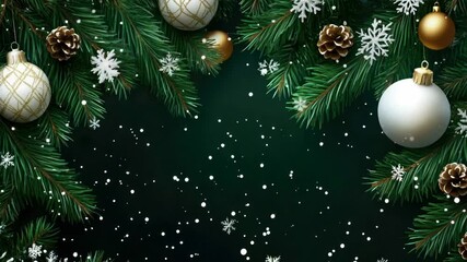 Poster - Christmas decorations on a green wall with white and gold ornaments