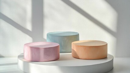 Poster - Three colorful stools arranged neatly on a white surface, perfect for photography or graphic design projects