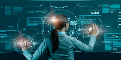 Aufkleber - Smart business technologies. Creative collage of female entrepreneur using virtual control panel with financial or economic info, back view. Big data and high tech innovations