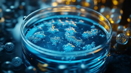 Aufkleber - Microscopic Research: A petri dish filled with a vibrant blue liquid, containing numerous microscopic organisms under scientific examination.