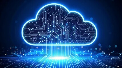 Poster - Luminous digital cloud connecting to a network of circuits in a bright, data-driven environment, showcasing modern technology.