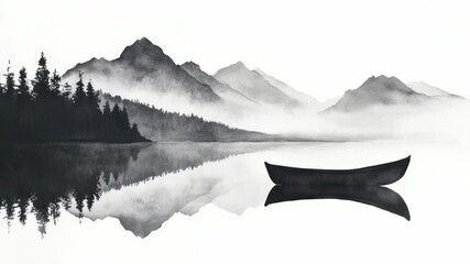 Poster - A black and white photo of a boat floating on the surface of a serene lake