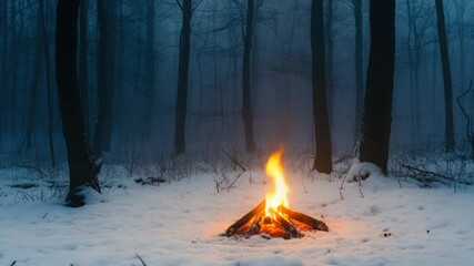 Poster - A warm campfire in a snowy forest setting