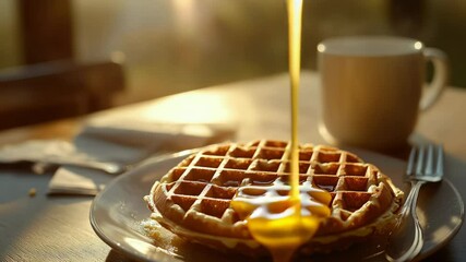 Poster - A waffle sitting on a plate next to a cup of coffee, perfect for breakfast or brunch