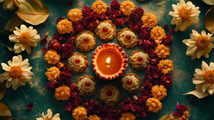 Poster - A small candle lit up among blooming flowers and lush leaves, perfect for adding warmth to any scene