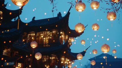 Poster - Exterior view of a building adorned with many colorful paper lanterns