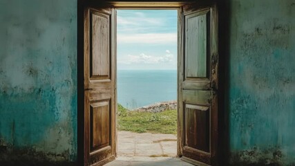 Poster - A doorway opens up to a stunning ocean view, perfect for representing freedom or new opportunities