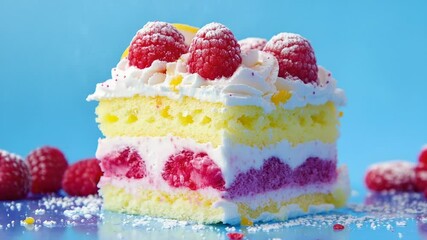 Poster - A close-up shot of a piece of cake topped with fresh raspberries