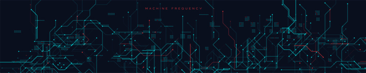 Aufkleber - Machine Frequency Circuit Background With Futuristic Red and Blue Lines. High-tech network map with glowing connections and schematic patterns on dark background. Vector Illustration.