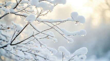 Poster - A close-up view of a tree branch covered in thick layers of snow, perfect for winter scenes or nature photography