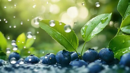 Poster - Fresh blueberries surrounded by splashes of water, ideal for food or beverage photography