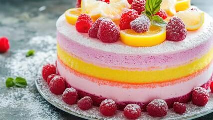 Poster - A colorful cake topped with fresh raspberries, lemons, and mint leaves
