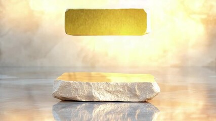 Poster - Golden Element on Stone: An elegant background that highlights the fusion of modern and natural with a levitating golden geometric element over a stone podium.