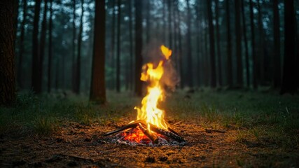 Poster - A campfire burning brightly in the middle of a dense forest, surrounded by trees and darkness
