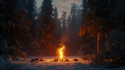 Poster - A warm campfire surrounded by snow-covered trees in a quiet winter forest