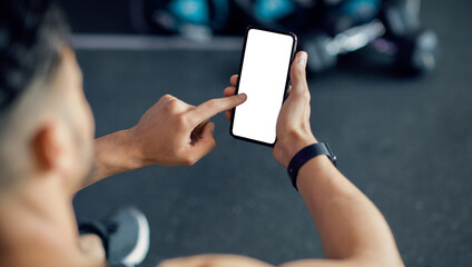 Aufkleber - Unrecognizable Male Using Cellphone With White Screen At Gym, Mockup Image Of Sporty Man Browsing Mobile App On Blank Phone While Relaxing After Training In Sport Club, Over Shoulder View