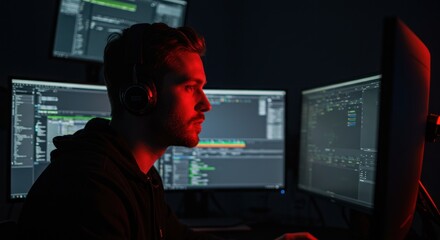 Person working late at night on multiple computer screens