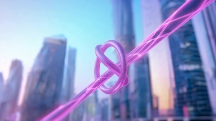 Aufkleber - Intertwined Cityscape: A glowing pink fiber optic cable forms a knot against a blurred backdrop of a modern cityscape at sunrise, symbolizing connection, complexity, and urban infrastructure.