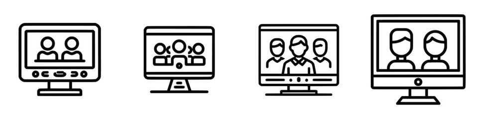 Poster - Icon set depicting various computer screens showcasing video calls with diverse groups of people engaged in conversation