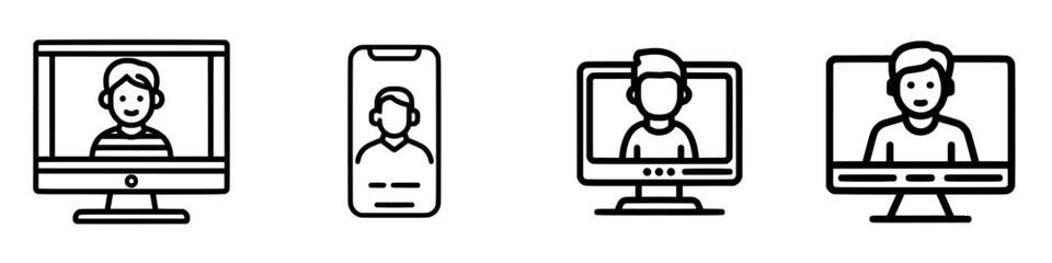 Poster - Collection of icons representing virtual communication and online interactions through screens