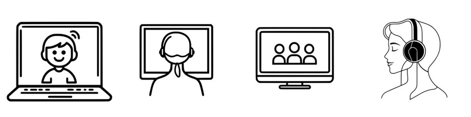 Poster - Collection of line art icons illustrating online communication, video calls, and virtual meetings in a modern digital environment