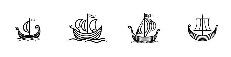 Poster - Stylized icon set featuring various types of boats and ships on water, perfect for nautical themes and designs