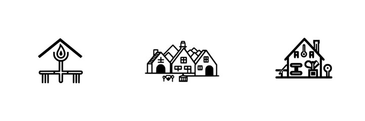 Poster - Icon set featuring simple line drawings of outdoor seating, a village landscape, and a cozy home environment design