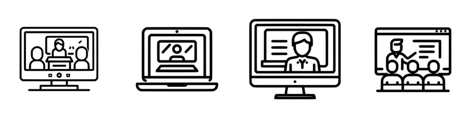 Fototapete - Variety of icon designs depicting remote communication and online learning activities on different computer screens