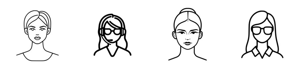 Poster - Collection of four minimalistic female icons showcasing diverse hairstyles and eyeglasses styles