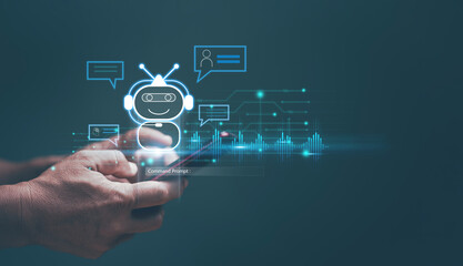 Poster - Futuristic technology, Chat with AI or Artificial Intelligence technology, Businessman using smartphone chatting online with ai chatbot. Online automation chatbot. Conversation assistant.