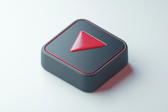 A dark gray square button with a red play symbol, rendered in 3D against a white backdrop.  The button has a subtle, rounded edge and a slightly raised border