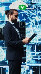 Poster - Vertical Video Entrepreneur uses laptop to review artificial intelligence brain system on dashboard, using high tech data visualization for coding, analytics and deep learning. Strategic growth