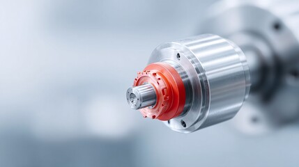 Poster - Closeup of precisionengineered metal component with vibrant red accent, showcasing industrial manufacturing detail.  Perfect for illustrating concepts of technology, innovation, and precision.