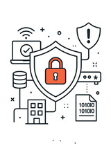 Aufkleber - Cybersecurity concept for digital asset protection and data privacy. Network security illustration with shield, lock, server, and firewall icons. Information technology vector.