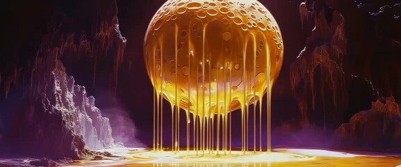 Wall Mural - a large orange moon with a stream of yellow paint dripping from it. the scene is set in a forest at 